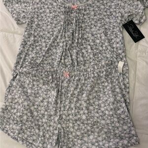 Gray Floral Pajama Set with Pink Accents